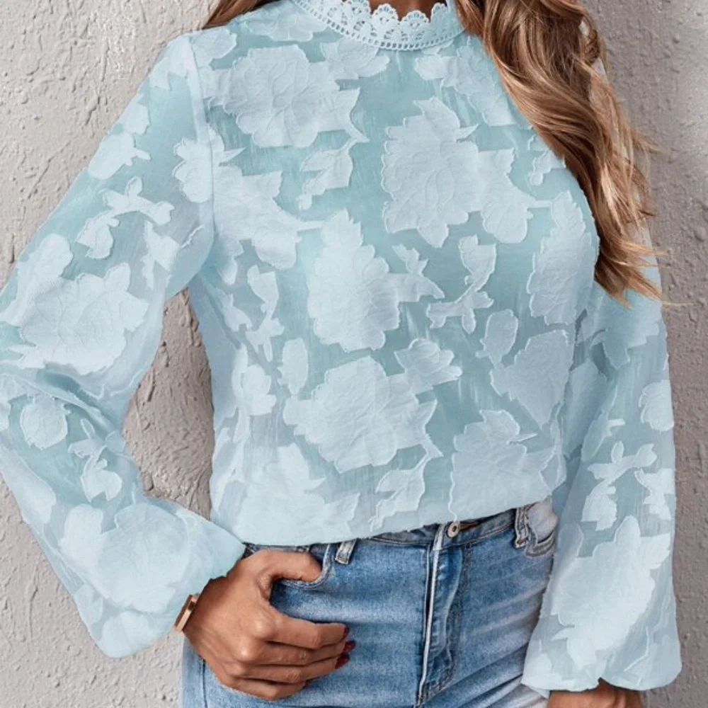 Bohemian Blue Floral Sheer Top Work Frill Neck Embroidered - Picture 7 of 8